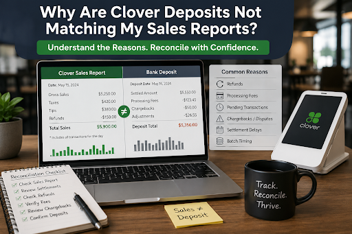 Business owner reviewing Clover sales reports and bank deposits to identify discrepancies caused by refunds, fees, and settlement adjustments.