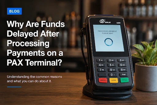 PAX A920 POS terminal processing a card payment at a retail counter with a pending settlement notification on screen.