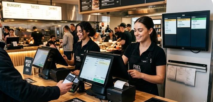 Restaurant staff using a POS system at the counter with an integrated kitchen display and contactless payment.