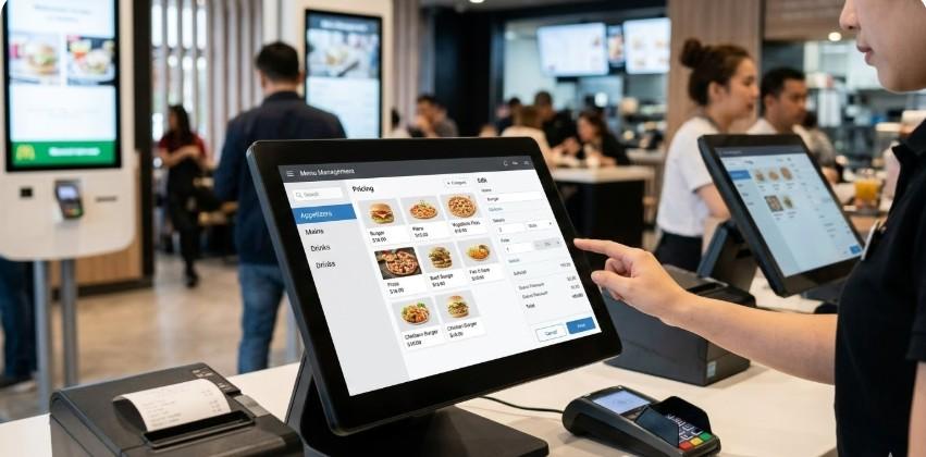 Modern restaurants' POS devices display pricing and menu management on a touch screen.