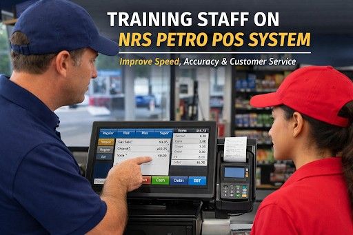 Gas station staff training on the POS system with the transaction screen and receipt.