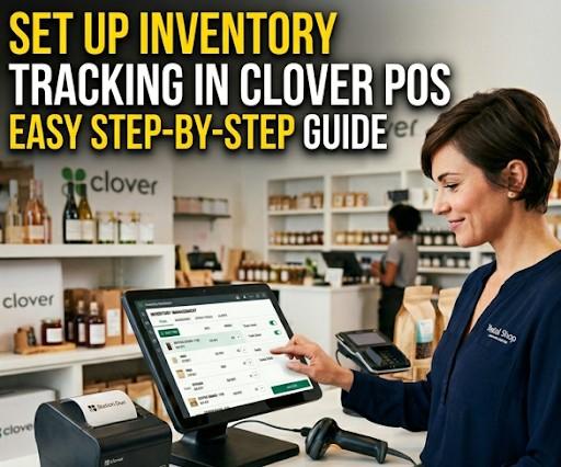 The Clover dashboard inventory settings display the item-tracking infographic and stock levels.