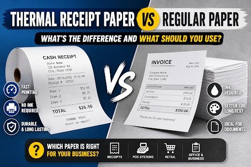 Thermal receipt paper roll vs regular paper roll placed beside a retail POS terminal, visual comparison for businesses choosing the right receipt paper type.