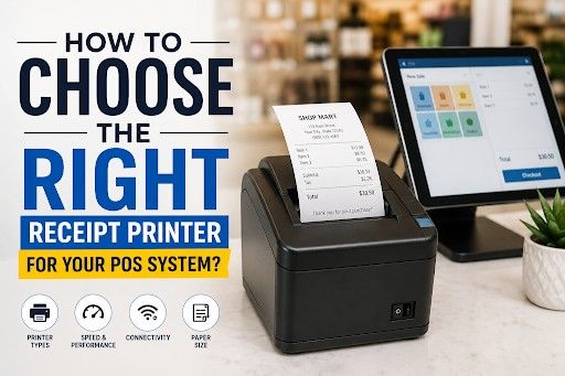 A thermal receipt printer for a POS system sits on a clean retail counter next to a tablet terminal, printing a receipt.