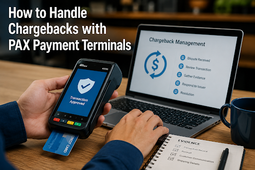 Merchant reviewing chargeback evidence on a laptop while processing a card payment on a PAX A920 terminal