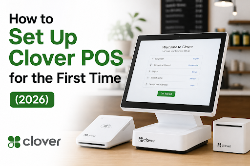 Clover POS terminal, card reader, and receipt printer on a counter during first-time setup