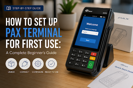 PAX A920 terminal on a desk during first-time setup with welcome screen and quick start guide