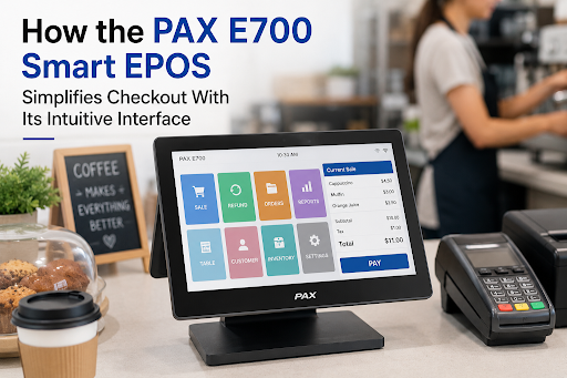 PAX E700 Smart EPOS touchscreen at a retail checkout counter with staff processing a payment