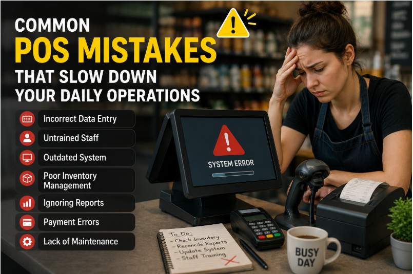 Common POS mistakes that slow down daily operations including system errors, untrained staff, and outdated systems