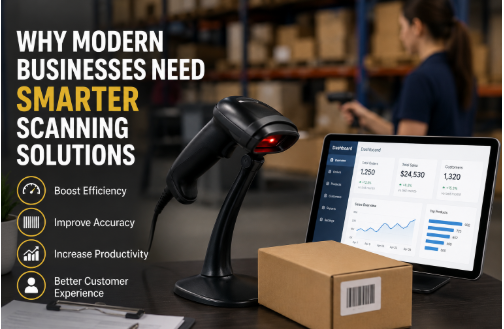 Handheld 2D barcode scanner scanning a package next to a digital business dashboard in a warehouse setting