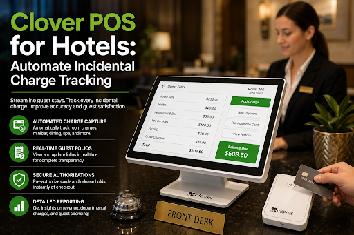 Clover POS for hotels showing guest folio with automated incidental charges at the front desk