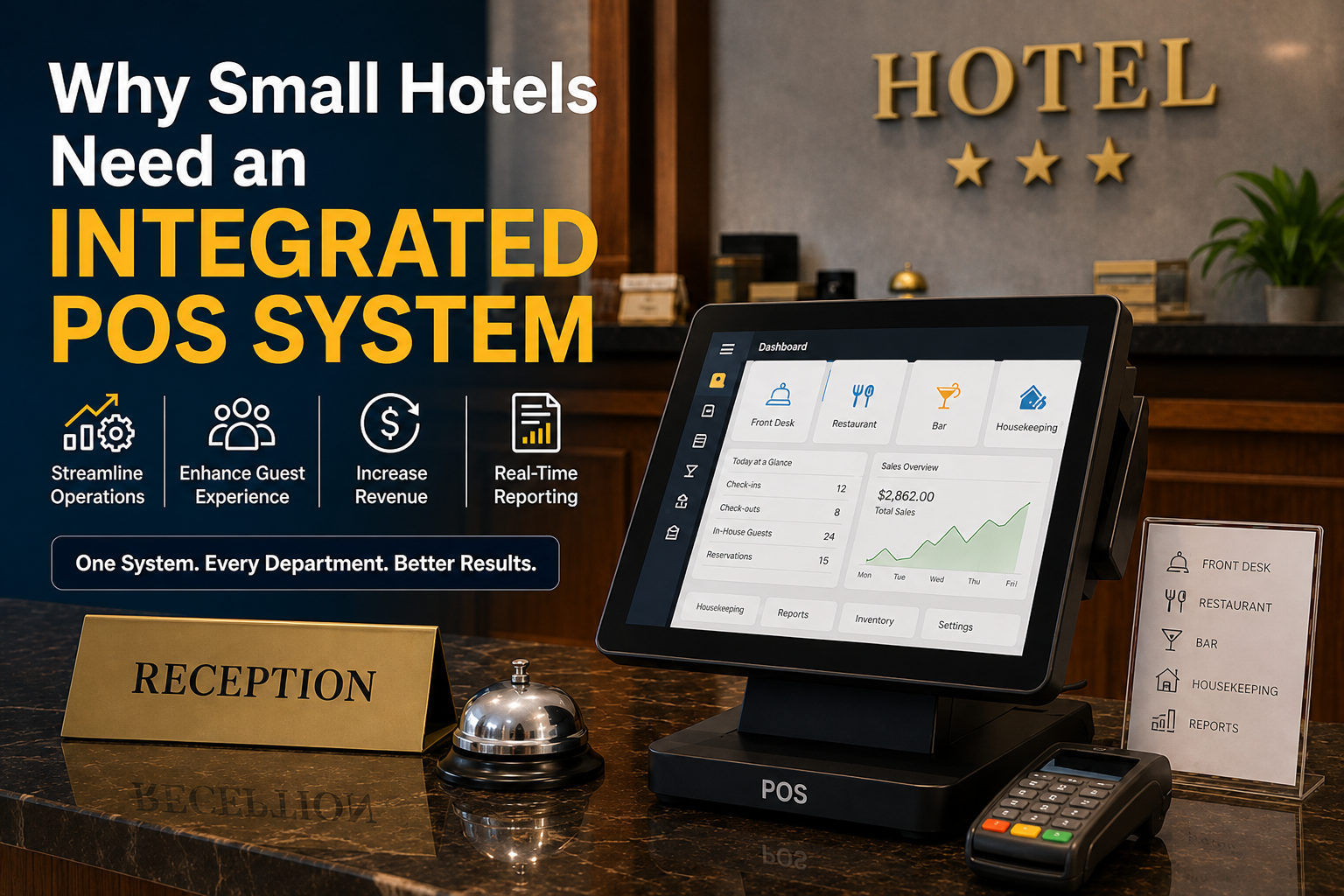 Integrated POS system at a small hotel front desk for sales, stock, payments, and daily reports