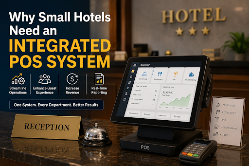 Integrated POS system at a small hotel front desk for sales, stock, payments, and daily reports