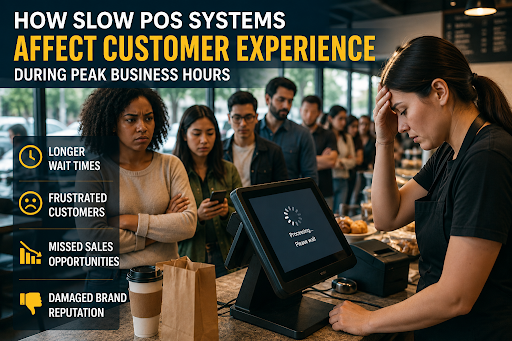 Slow POS system processing during peak hours with long customer lines and frustrated staff