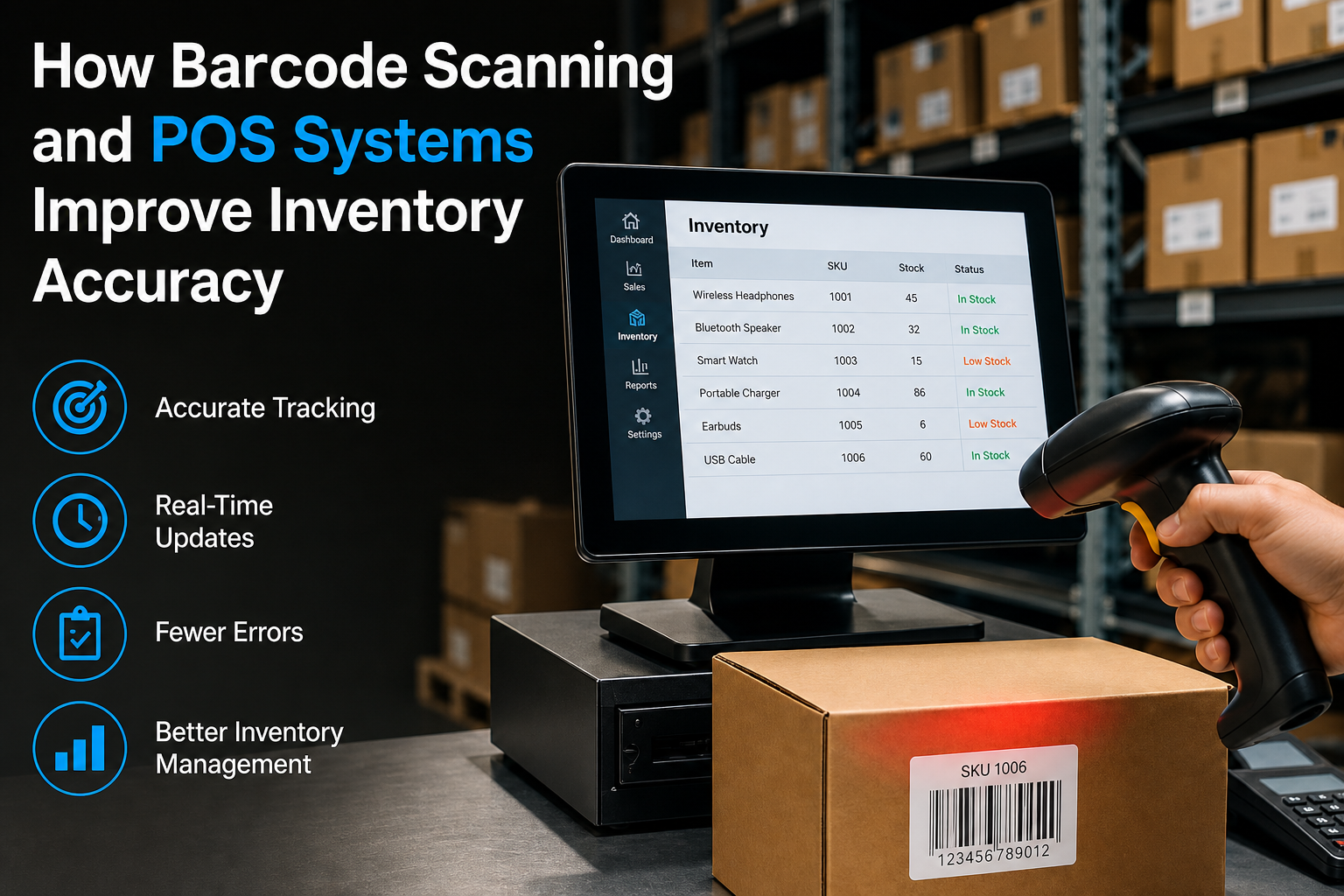 Barcode scanning with Clover POS inventory screen showing real-time stock levels