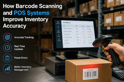 Barcode scanning with Clover POS inventory screen showing real-time stock levels
