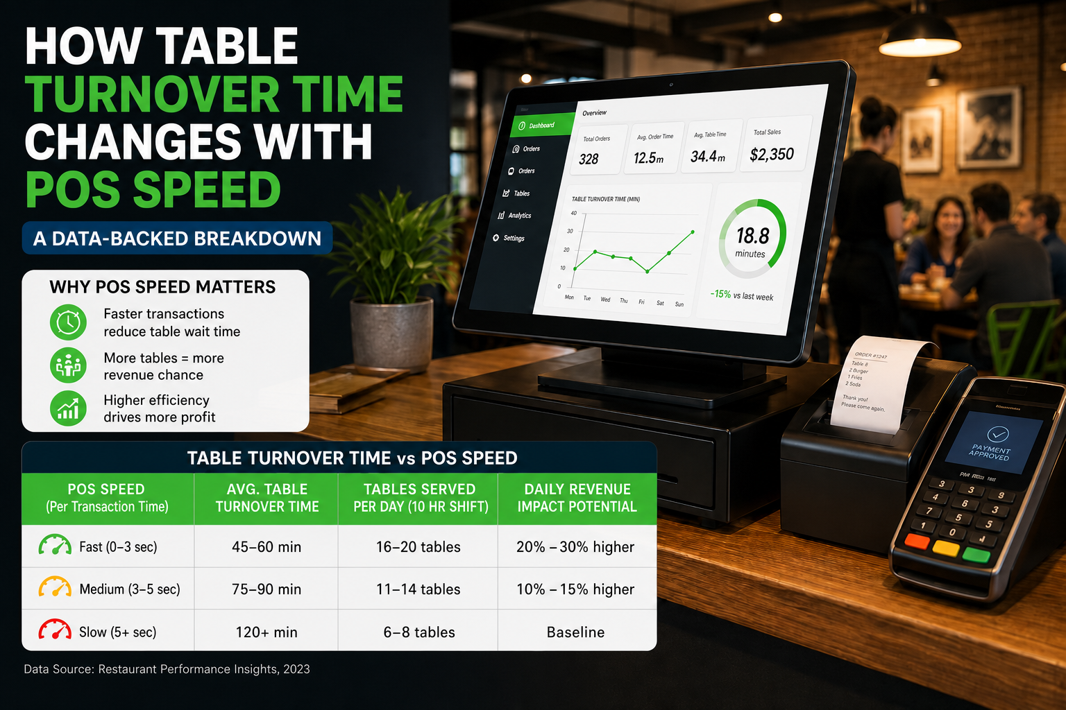 Restaurant POS dashboard comparing table turnover time against payment speed with handheld terminal and receipt printer