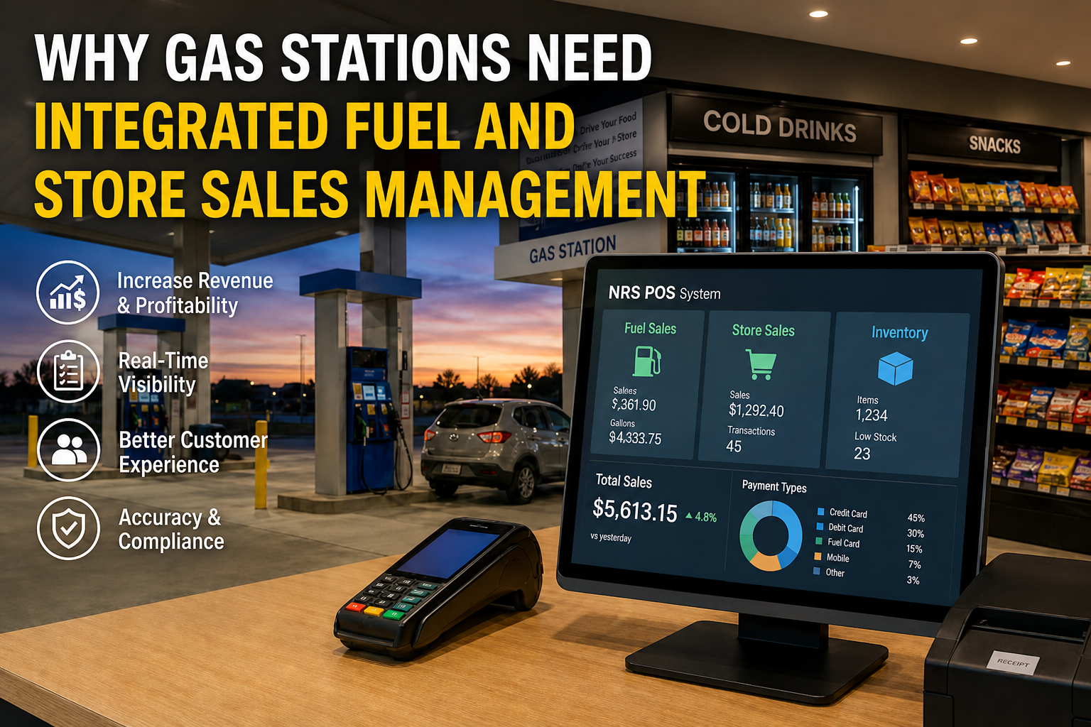 NRS POS system dashboard unifying fuel sales, store sales, and inventory at a gas station counter
