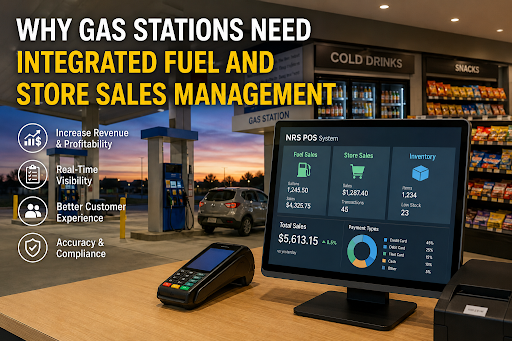 NRS POS system dashboard unifying fuel sales, store sales, and inventory at a gas station counter