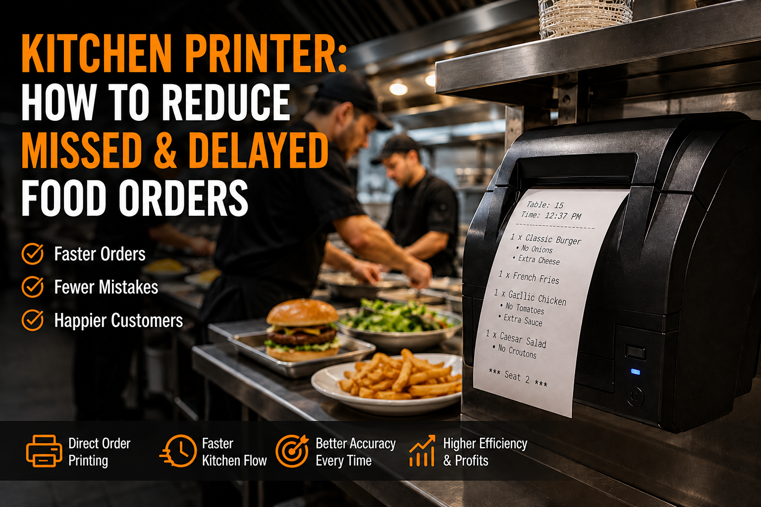 Kitchen printer printing a food order ticket in a busy restaurant kitchen