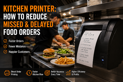 Kitchen printer printing a food order ticket in a busy restaurant kitchen