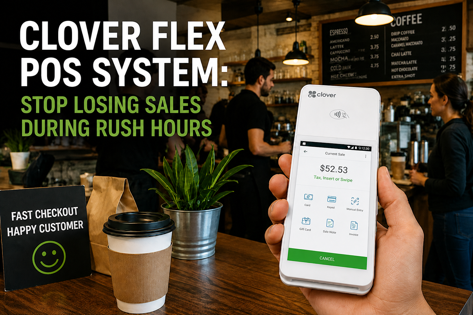 Hand holding a Clover Flex POS terminal for fast checkout during cafe rush hours