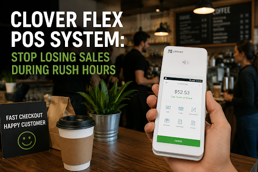 Hand holding a Clover Flex POS terminal for fast checkout during cafe rush hours