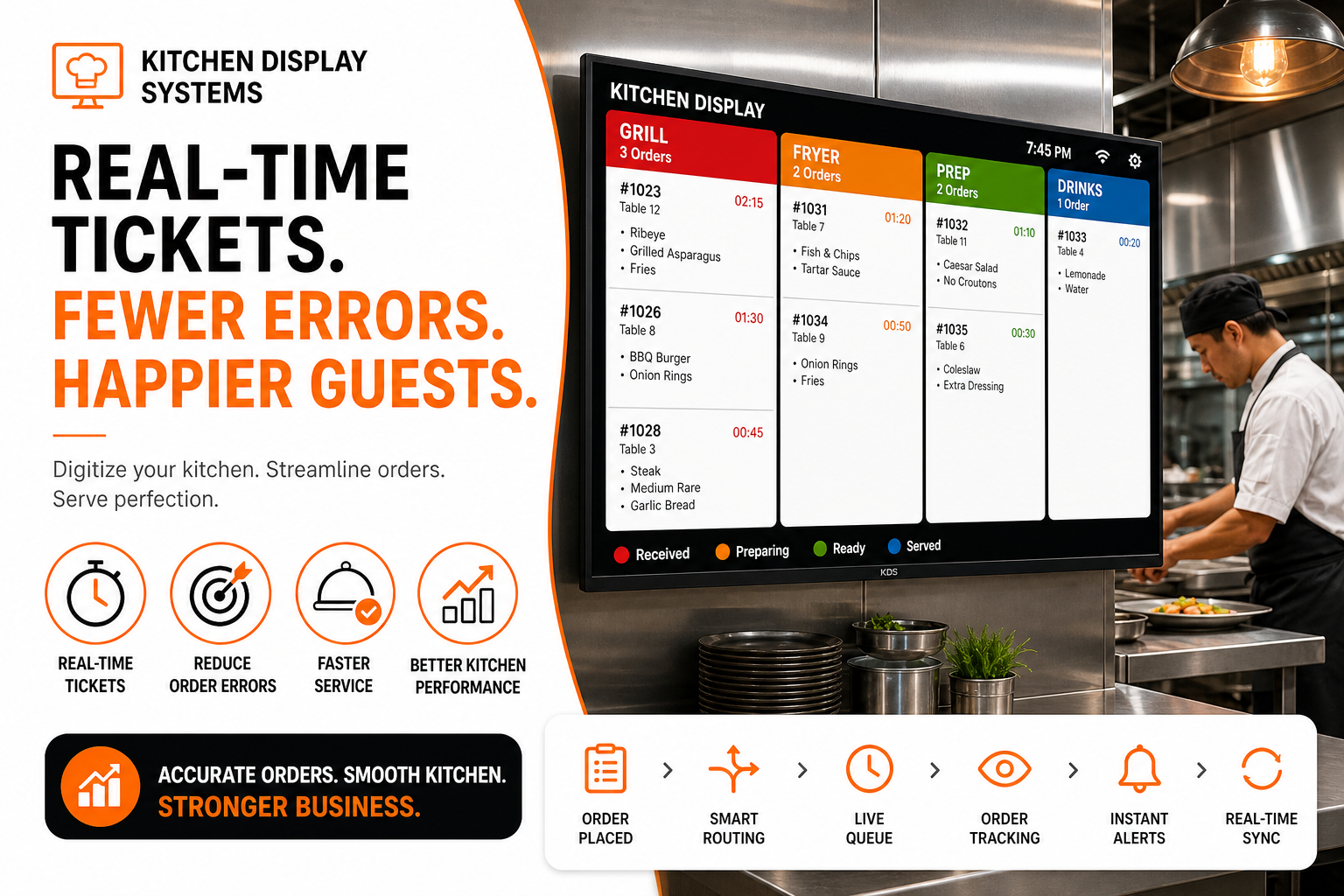 Kitchen display system showing real-time tickets across grill, fryer, prep, and drinks stations