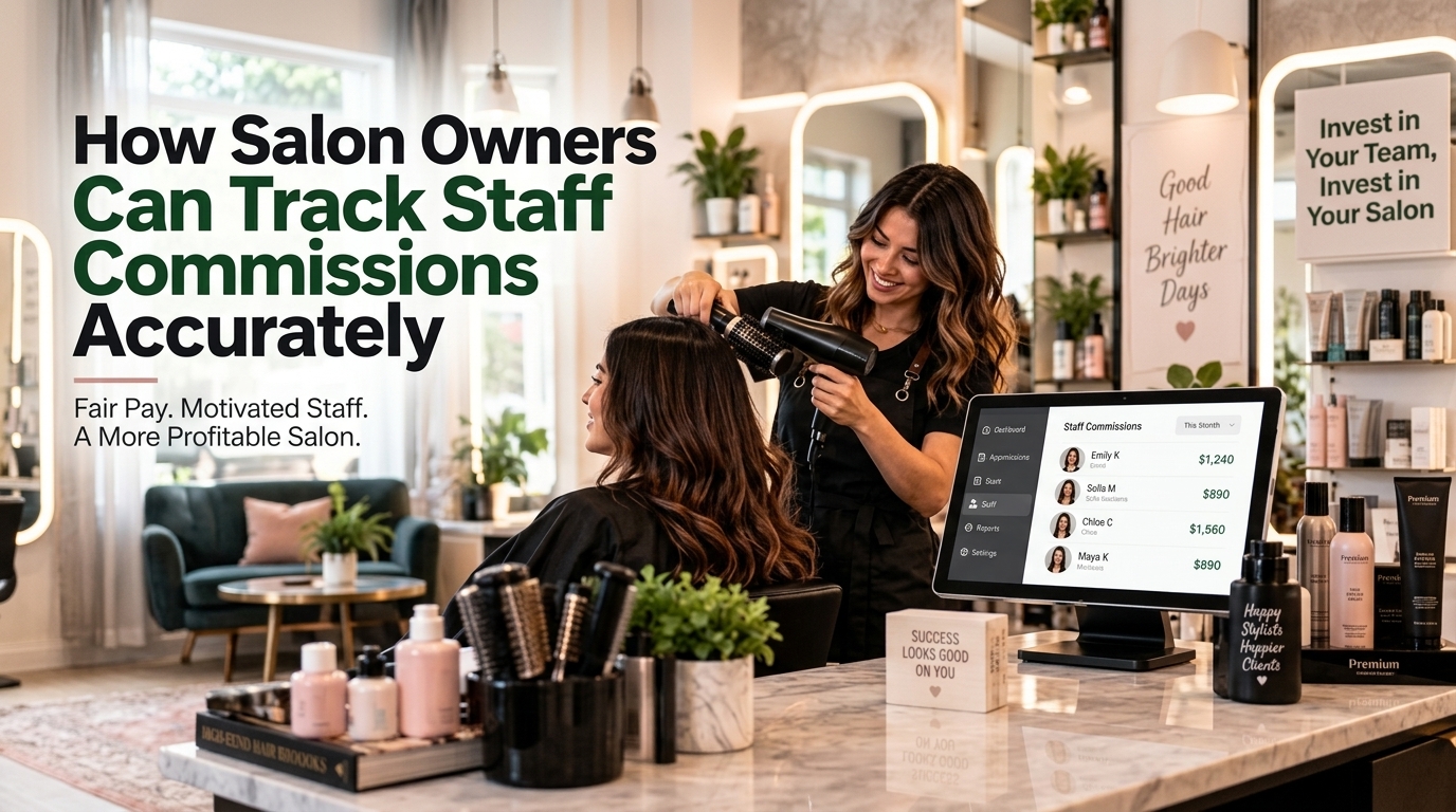 Salon POS showing staff commissions dashboard while a stylist works with a client
