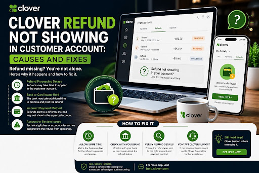 Merchant processing a refund on a Clover machine while checking the refund status on a customer account