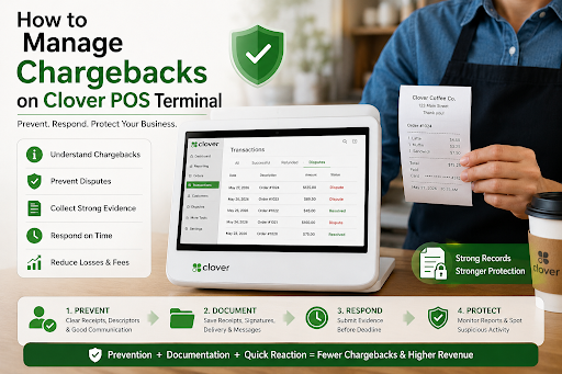 Merchant managing chargeback disputes using a Clover POS machine dashboard