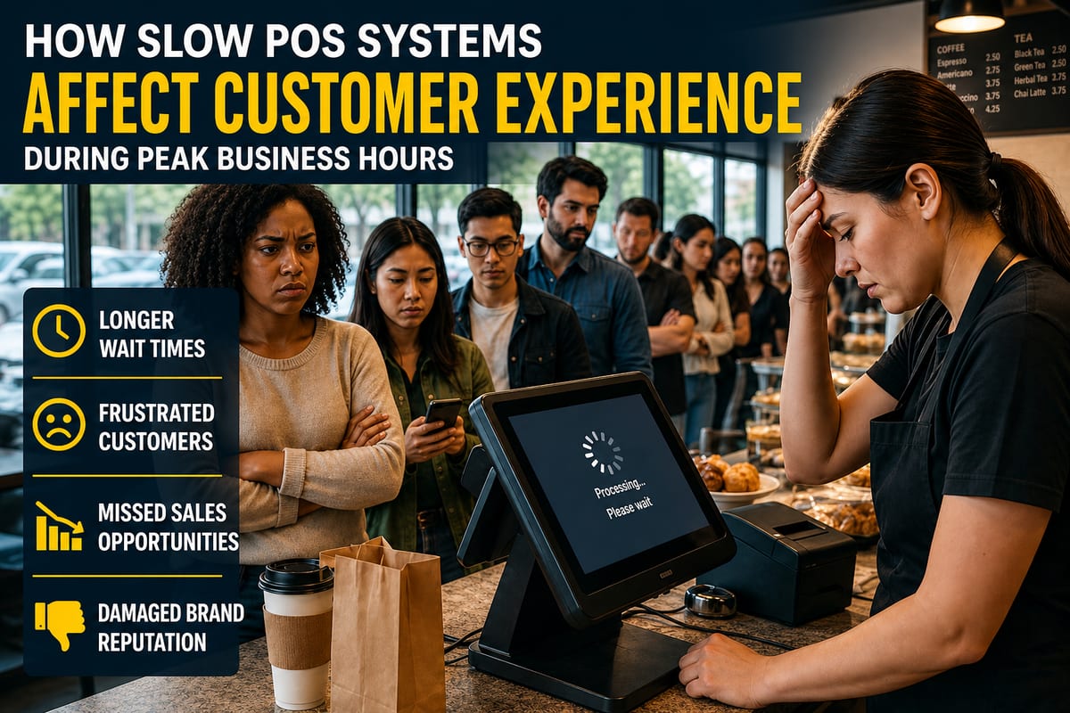 Slow POS system processing during peak hours with long customer lines and frustrated staff