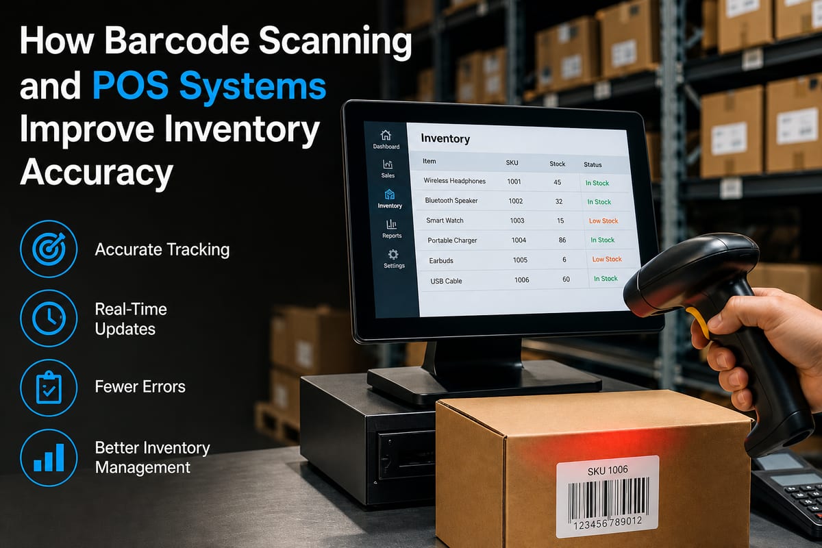 Barcode scanning with Clover POS inventory screen showing real-time stock levels