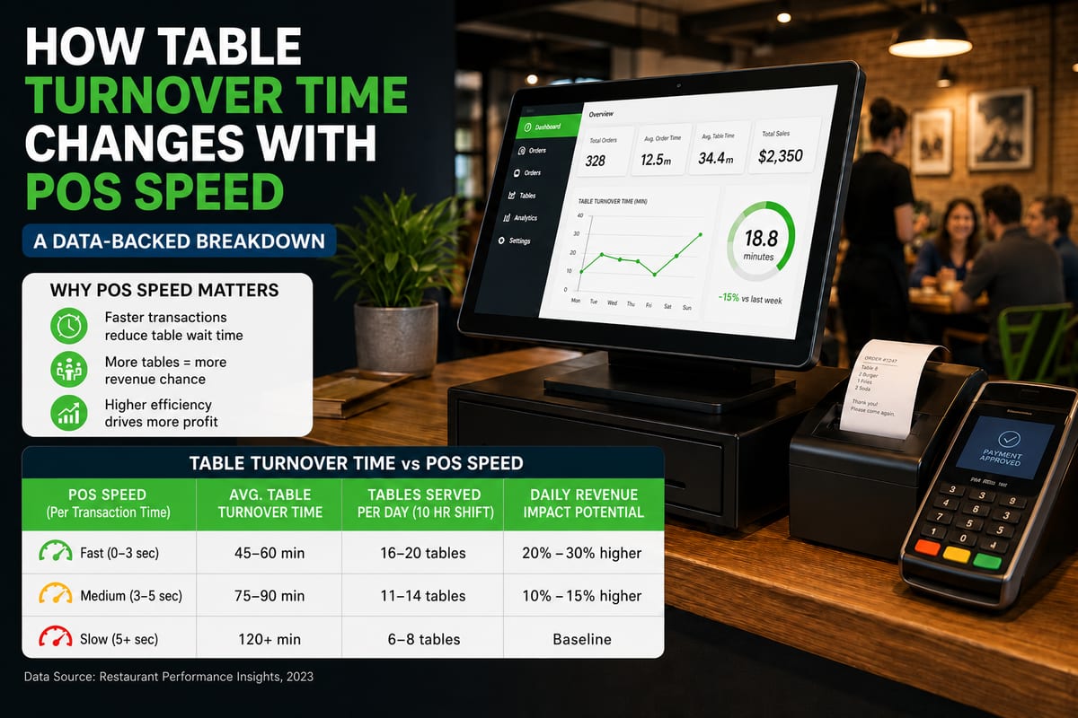 Restaurant POS dashboard comparing table turnover time against payment speed with handheld terminal and receipt printer