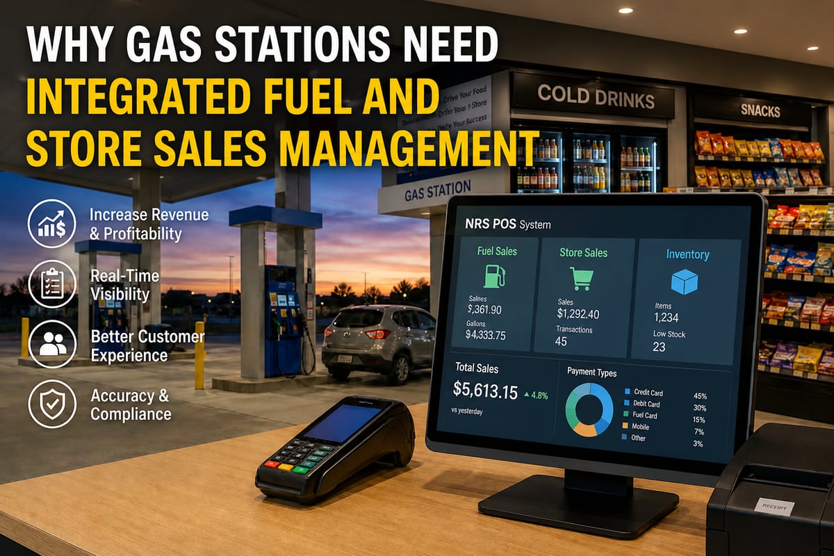 NRS POS system dashboard unifying fuel sales, store sales, and inventory at a gas station counter