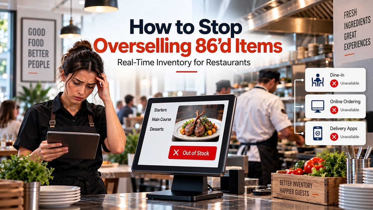 Restaurant POS showing an 86'd item out of stock synced across dine-in, online ordering, and delivery apps